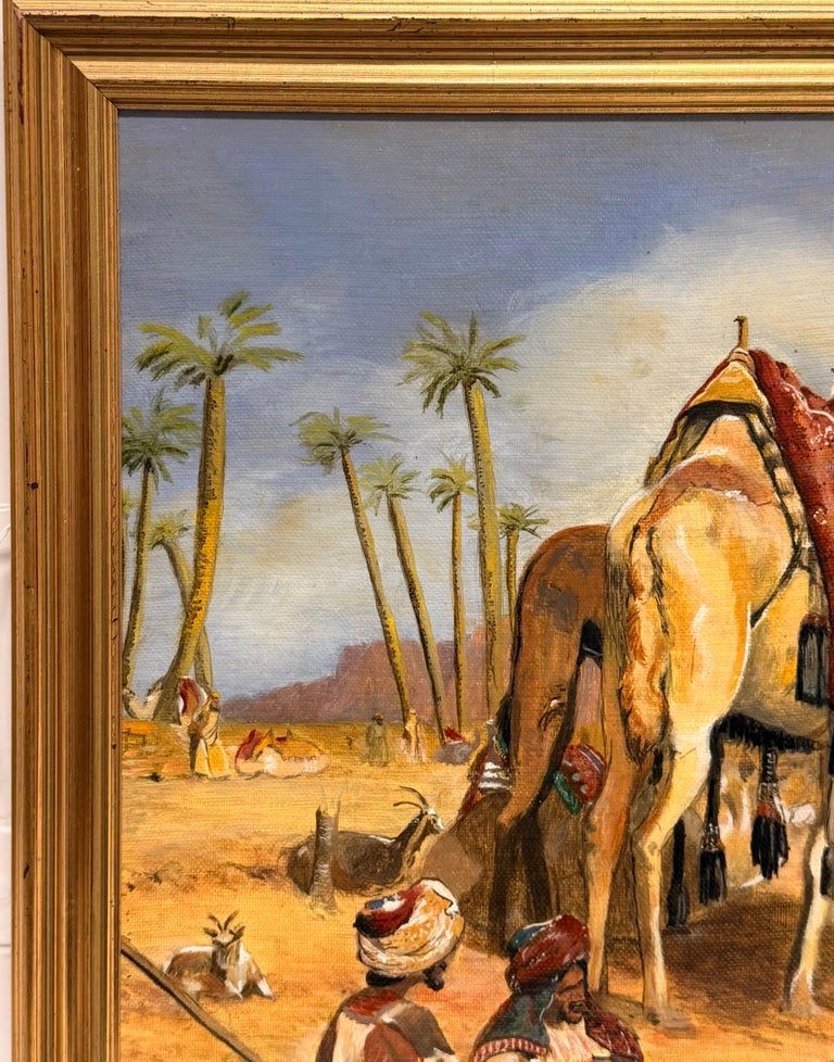 Arabs and Camels in a Blue Sky Cloudy Desert Orientalist Oil Painting - Image 10