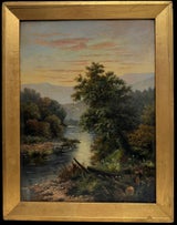 Antique Scottish Highland River Landscape Antique Oil Painting Mountain View