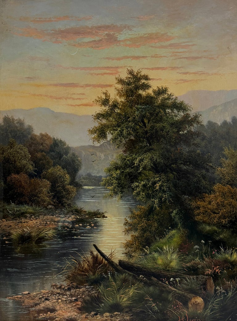 Antique Scottish Highland River Landscape Antique Oil Painting Mountain View - Image 2