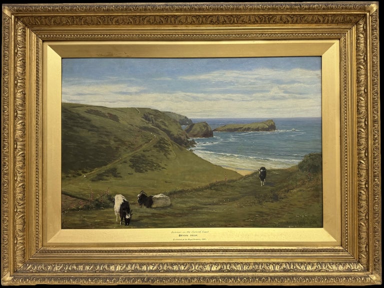 Fine 19thC Cornish Coastal Pastoral Landscape Cliffs by the Sea Oil Painting