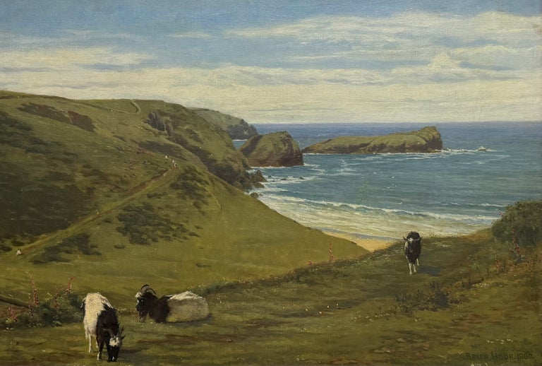 Fine 19thC Cornish Coastal Pastoral Landscape Cliffs by the Sea Oil Painting - Image 2