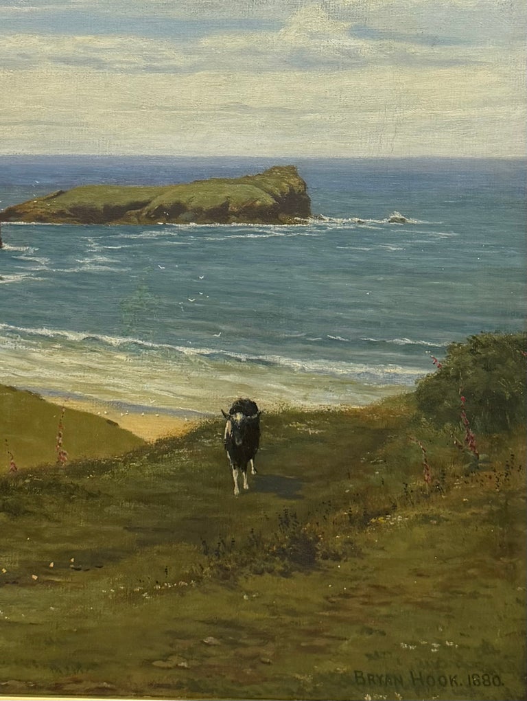 Fine 19thC Cornish Coastal Pastoral Landscape Cliffs by the Sea Oil Painting - Image 4