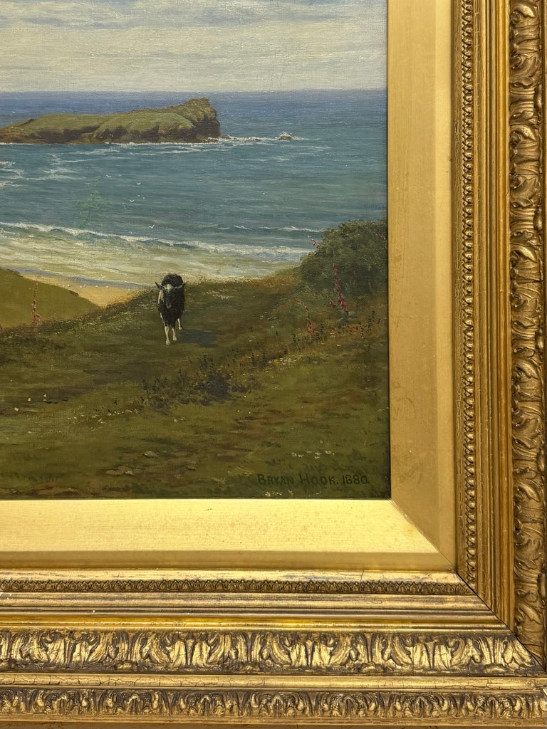 Fine 19thC Cornish Coastal Pastoral Landscape Cliffs by the Sea Oil Painting - Image 5