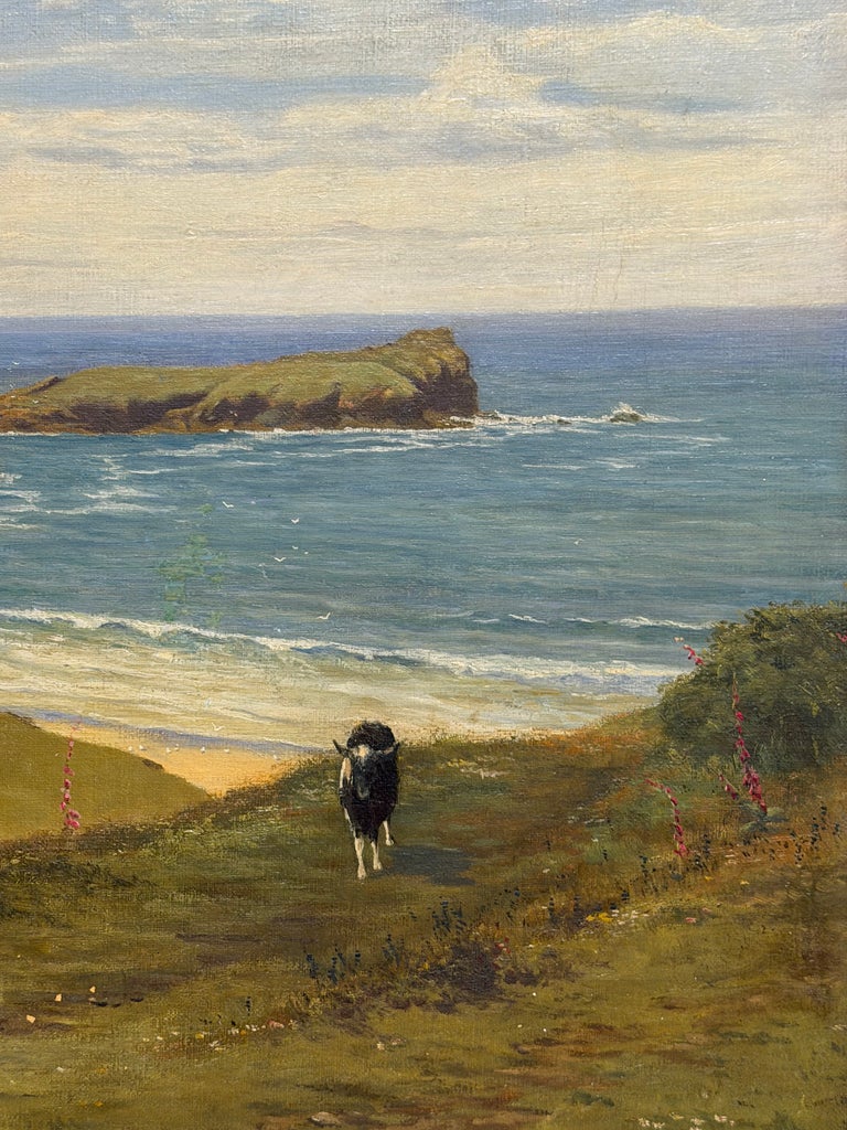 Fine 19thC Cornish Coastal Pastoral Landscape Cliffs by the Sea Oil Painting - Image 6