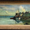Tranquil Boats in Harbor with Figures French Coastal Landscape Oil Painting