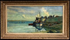 Tranquil Boats in Harbor with Figures French Coastal Landscape Oil Painting