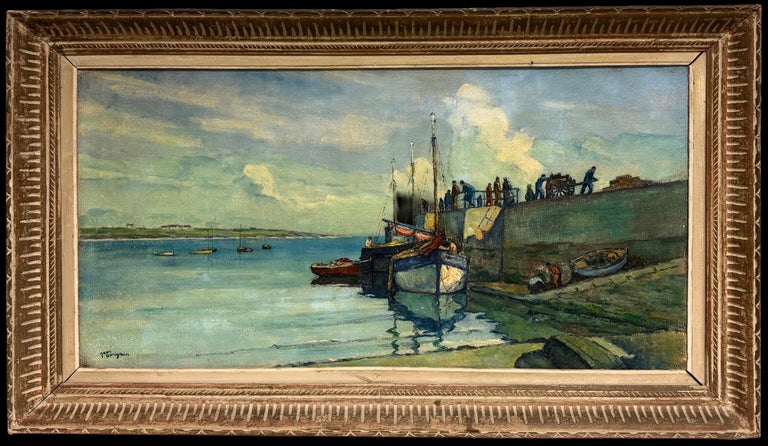 Tranquil Boats in Harbor with Figures French Coastal Landscape Oil Painting