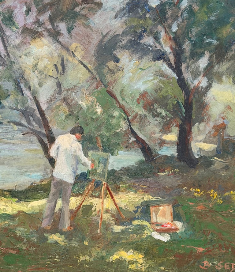 Fine 20thC English Impressionist Oil Painting Artist Painting Summer Meadows - Image 5