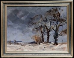 Snow Covered Norfolk Country Lane with Figures & Winter Trees English Landscape