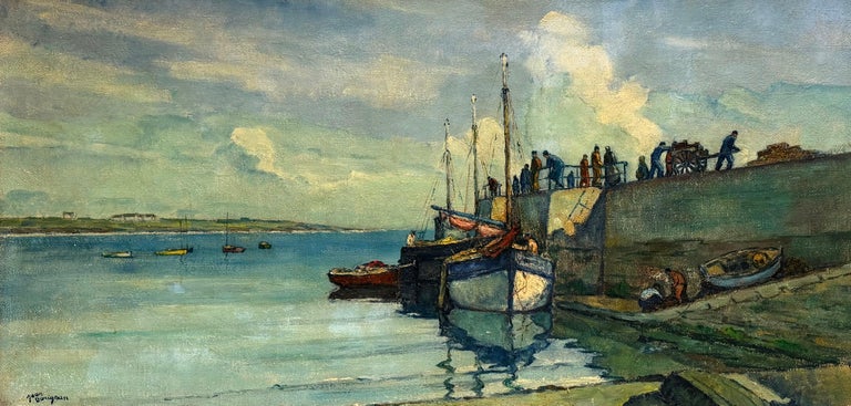 Tranquil Boats in Harbor with Figures French Coastal Landscape Oil Painting - Image 2