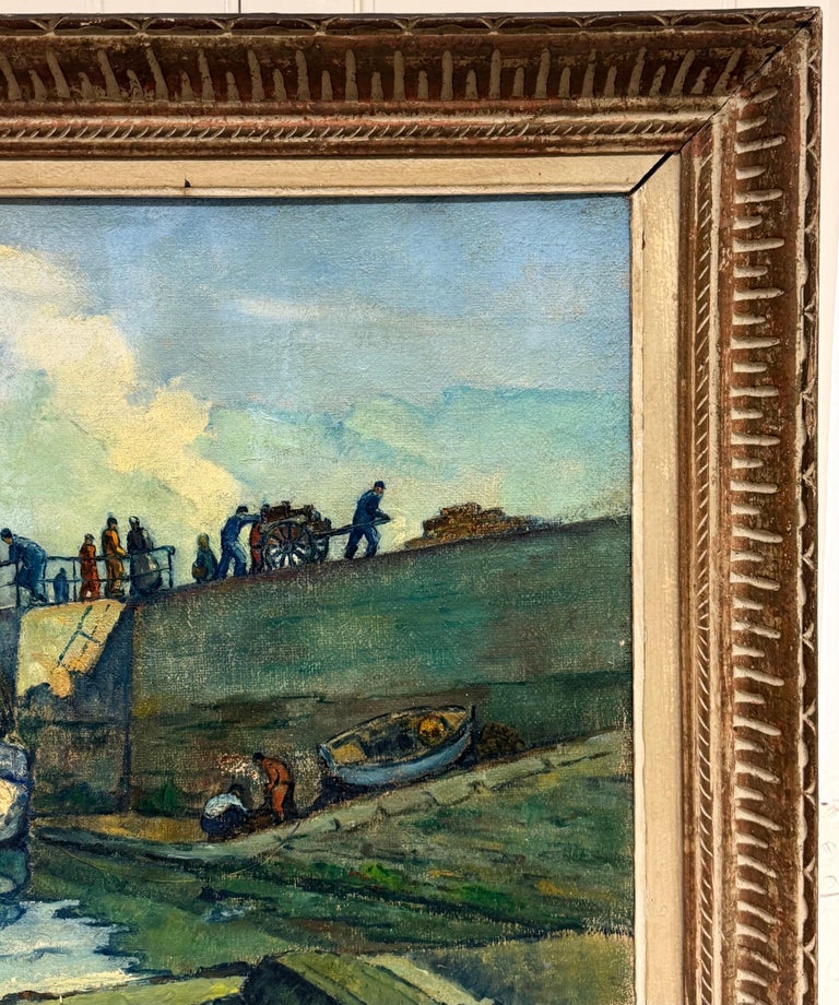 Tranquil Boats in Harbor with Figures French Coastal Landscape Oil Painting - Image 3