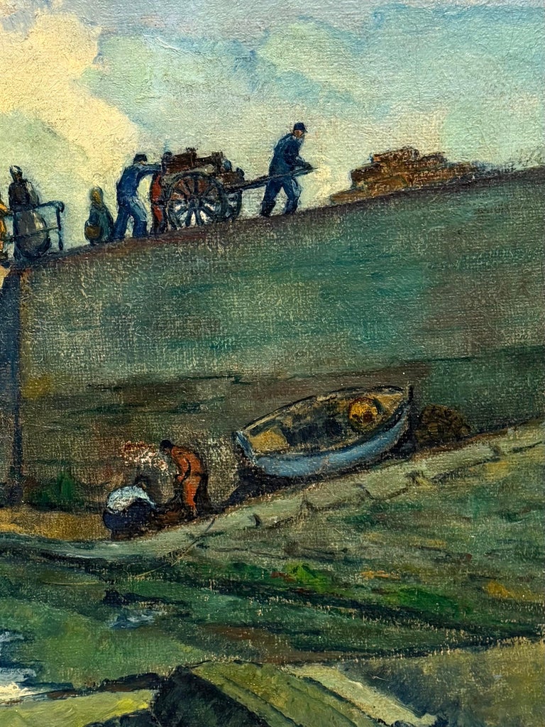Tranquil Boats in Harbor with Figures French Coastal Landscape Oil Painting - Image 4