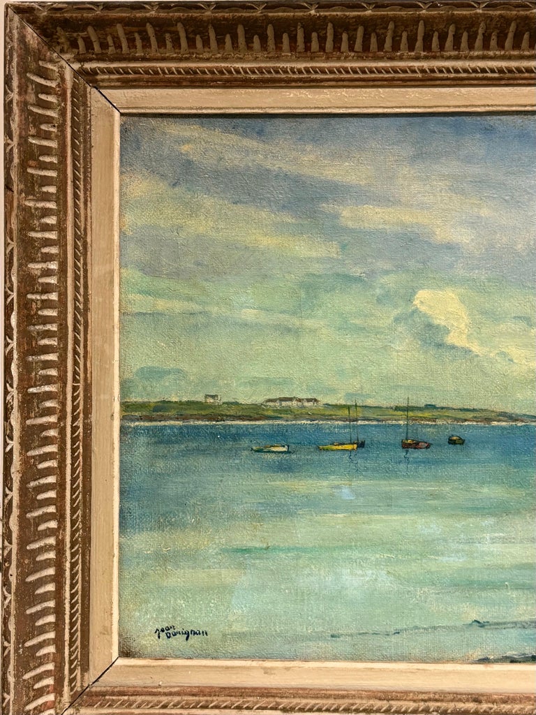 Tranquil Boats in Harbor with Figures French Coastal Landscape Oil Painting - Image 5