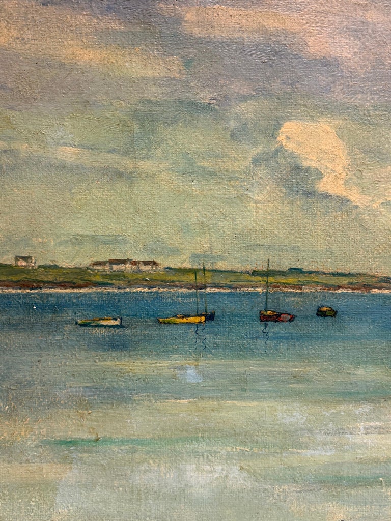 Tranquil Boats in Harbor with Figures French Coastal Landscape Oil Painting - Image 7