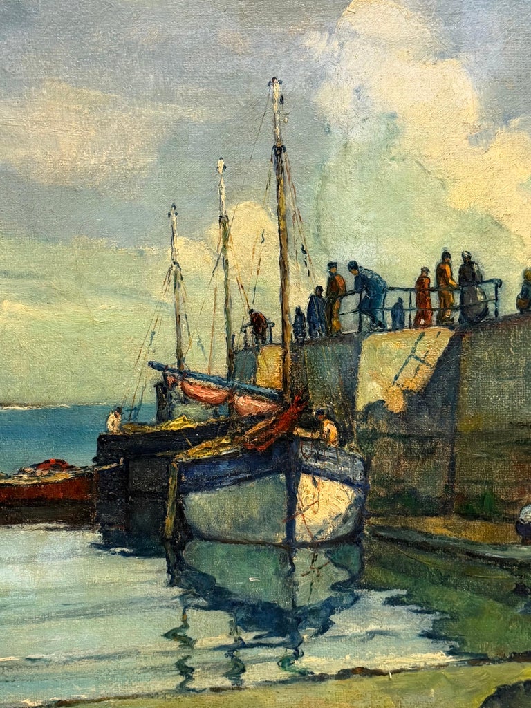 Tranquil Boats in Harbor with Figures French Coastal Landscape Oil Painting - Image 8