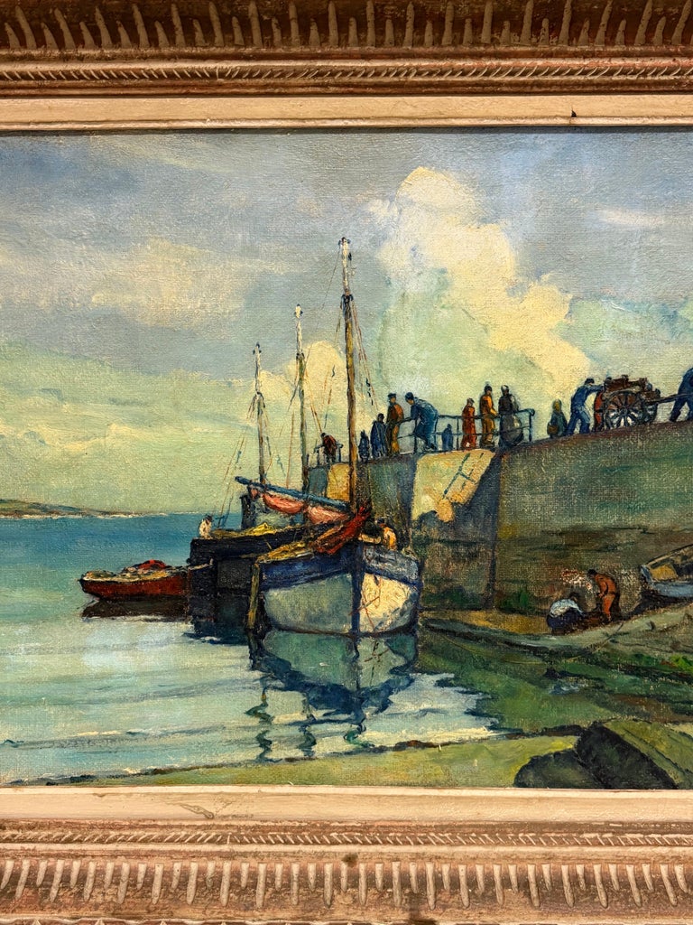 Tranquil Boats in Harbor with Figures French Coastal Landscape Oil Painting - Image 9