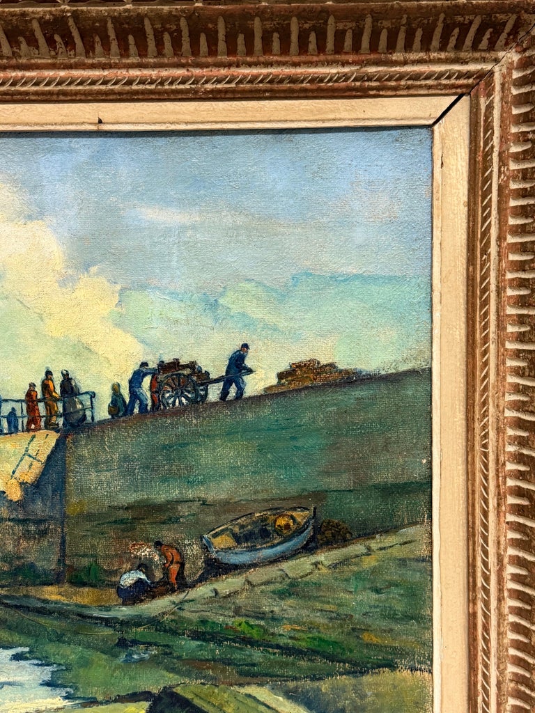 Tranquil Boats in Harbor with Figures French Coastal Landscape Oil Painting - Image 10