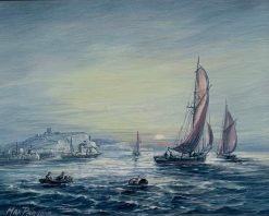 Fishing Vessels off Coast of Dover Fine British Marine Oil Painting Framed