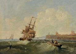 Fine 19th Century British Marine Oil Painting Ships Tynemouth Priory & Castle