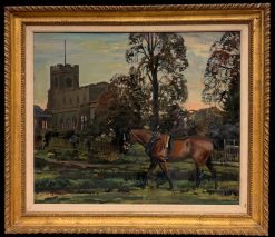 Gentleman on Horseback beside a Village Church British Equestrian Oil Painting