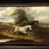 19th Century British Equestrian Oil Painting Three Horses Galloping Steam Train